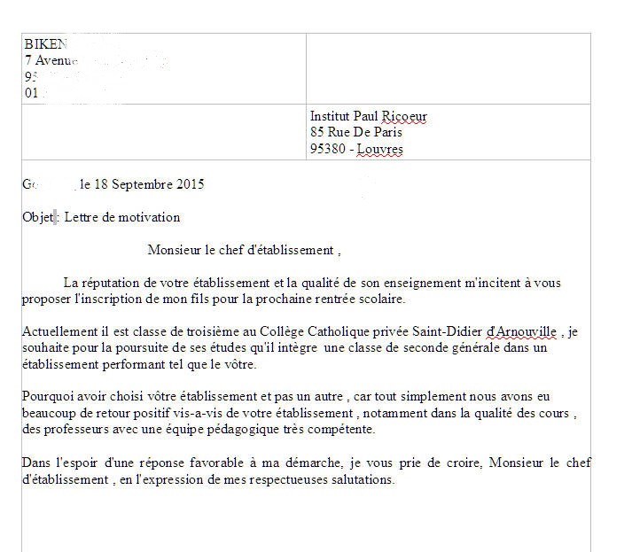 lettre inscription college prive